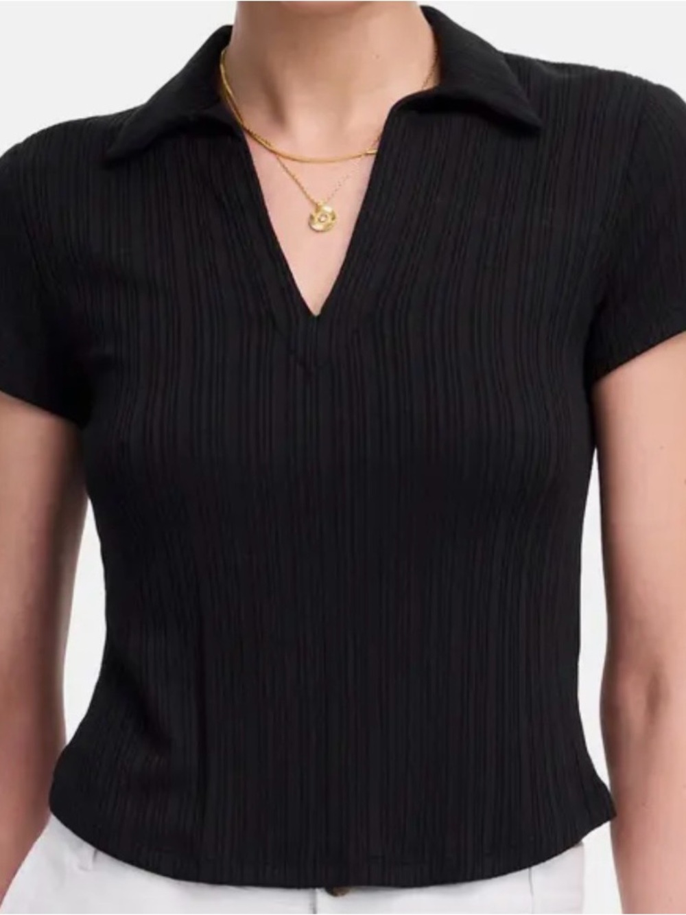 Madewell Black Ribbed V-Neck Polo Tee